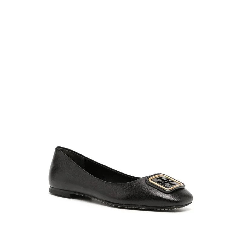 Tory Burch Womens Black Leather Georgia Square Toe Logo Flats Shoes