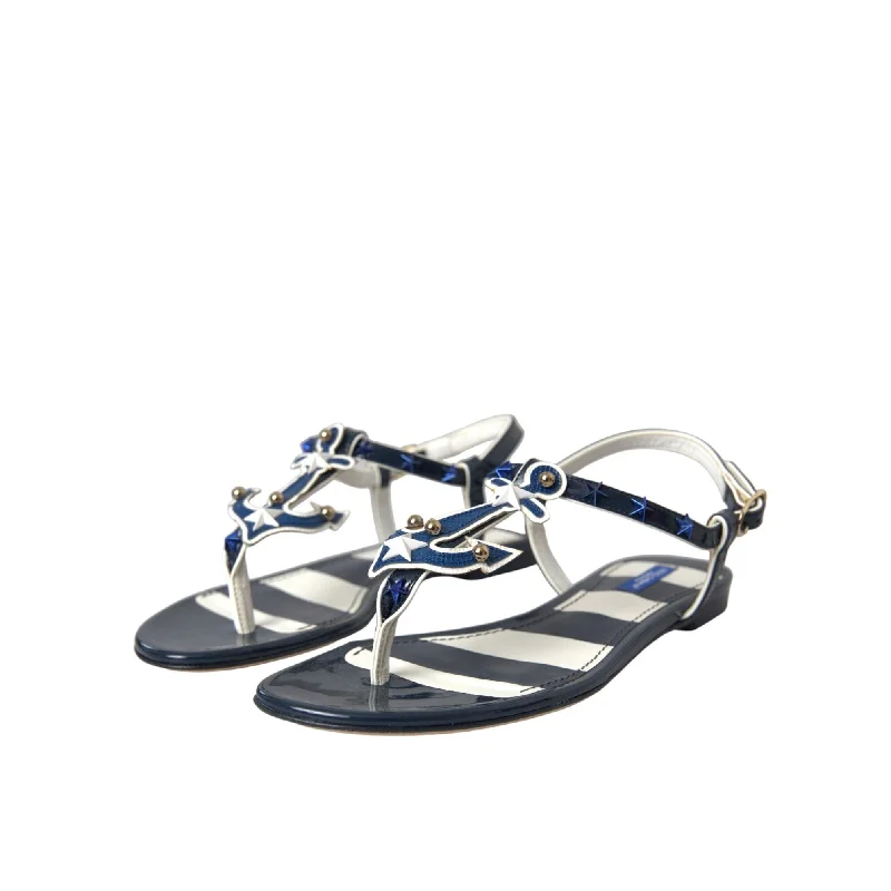 Dolce & Gabbana Blue Stripes Leather Studded Flats Sandals Women's Shoes