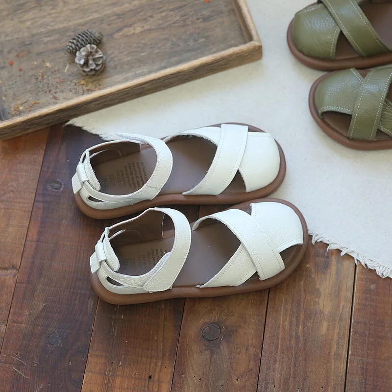 Retro Hollow Leather Velcro Flat Casual Sandals