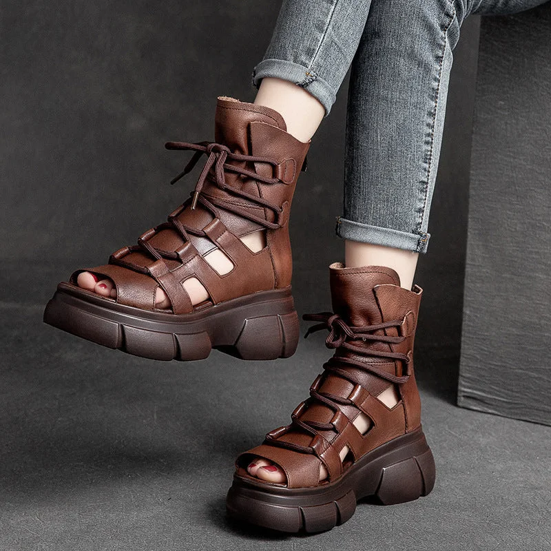 Summer Vintage Hollow Leather Platform Sandals