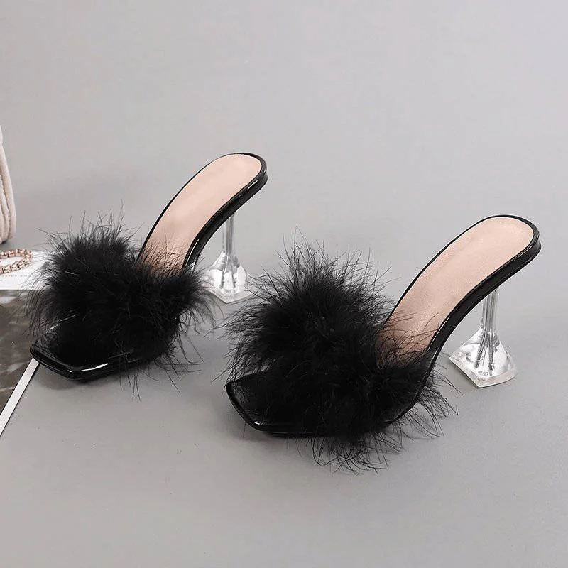 Rowan Peep Toe Fur Transparent High Heel Sandals