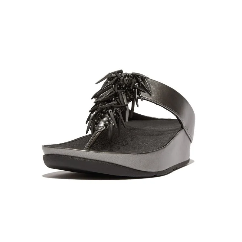 Fitflop Rumba Beaded Metallic Pewter Black Toe-Post Women's Slides