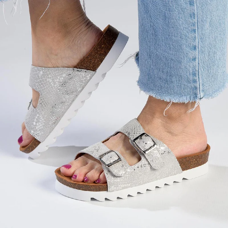 Julz Hudson Leather Double Buckle Footbed Sandal- Silver Snake