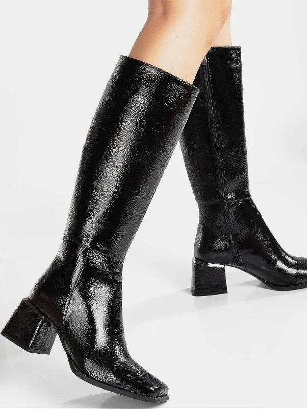 Anelise Knee High Vegan Leather Boots | Black Patent