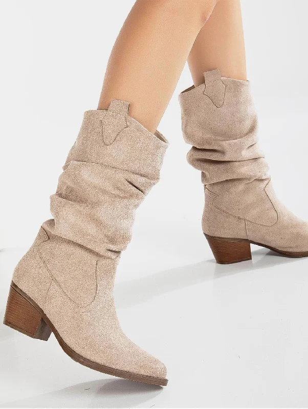 Bonnie Vegan Suede Slouch Western Boots | Beige