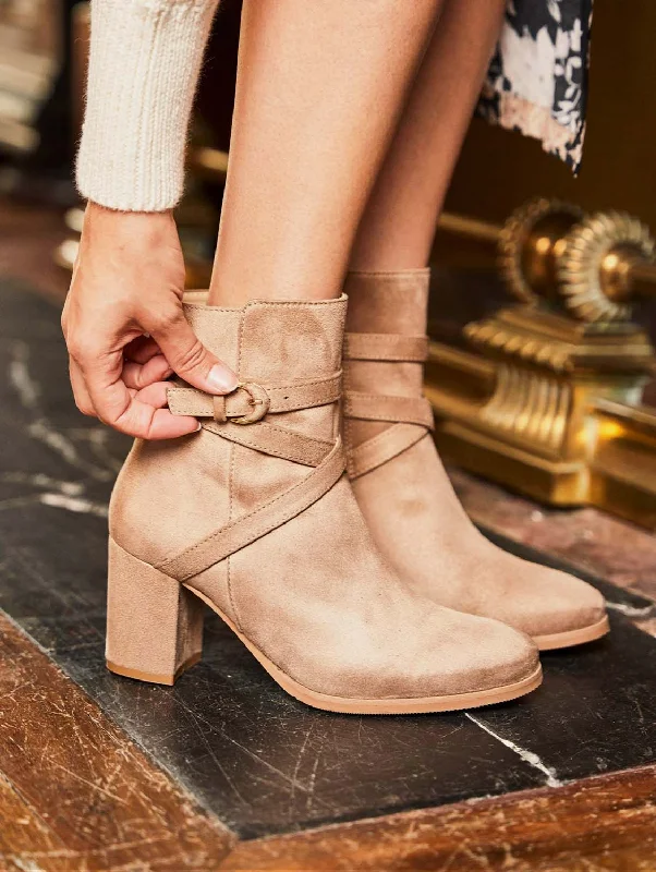 Intrigue Vegan Suede Heeled Ankle Boots | Sand