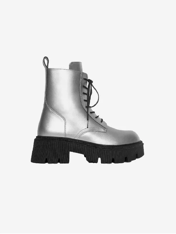 Jill Vegan Apple Leather Combat Boots | Silver