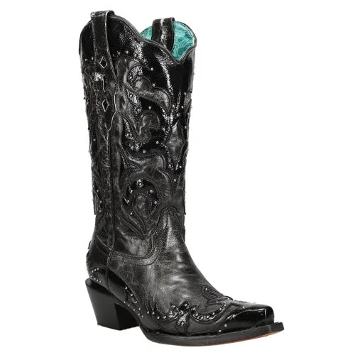 Ladies Black Overlay & Embroidery & Studs Wing Tip Boots