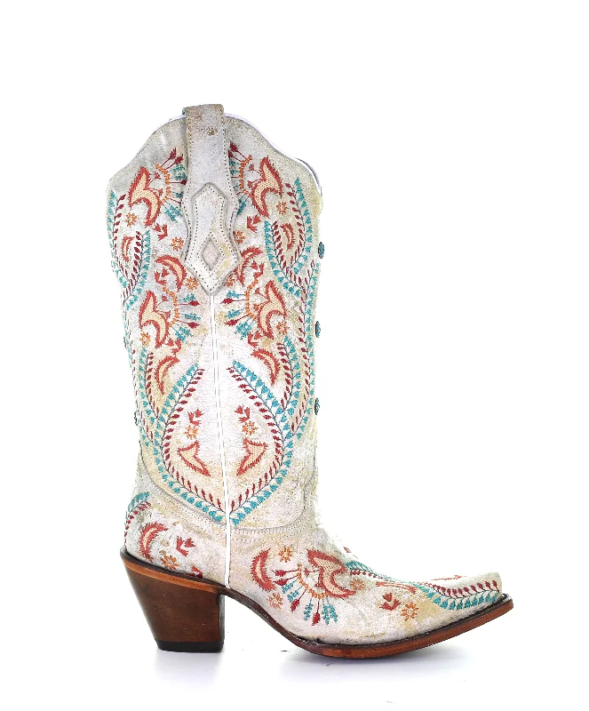 Ladies Distressed Ivory Boots w/ Turquoise & Rust Embroidery & Studs