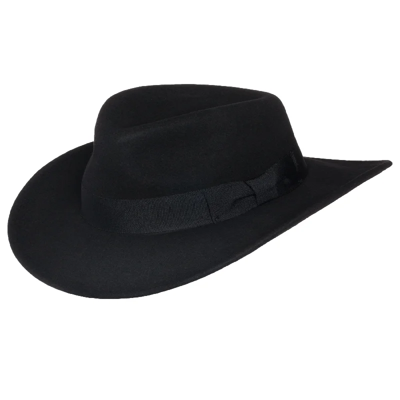 Men’s Indiana Outback Fedora Hat |Black Crushable Wool Felt by Silver Canyon