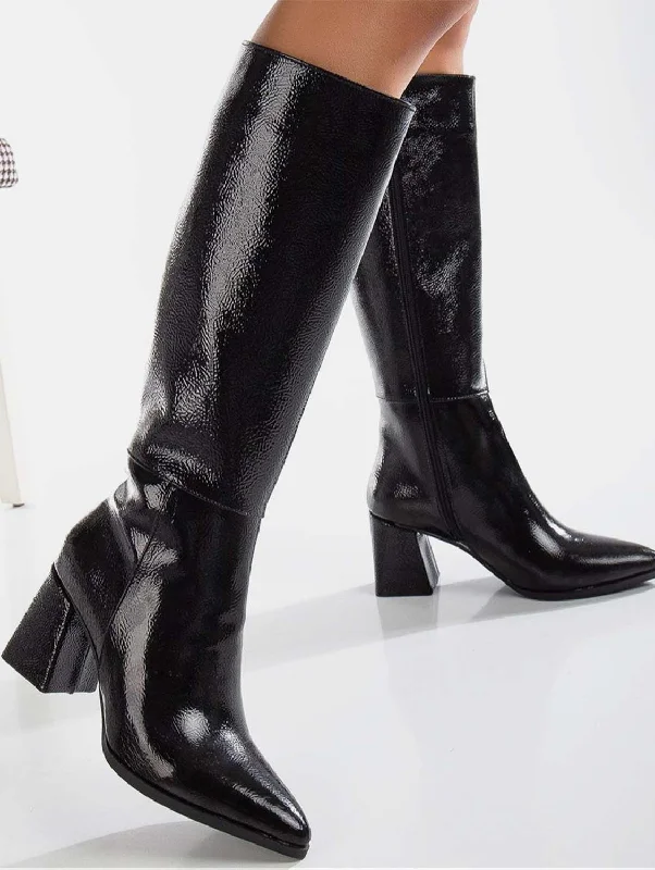 Valerie Vegan Leather Knee High Boots | Black Patent