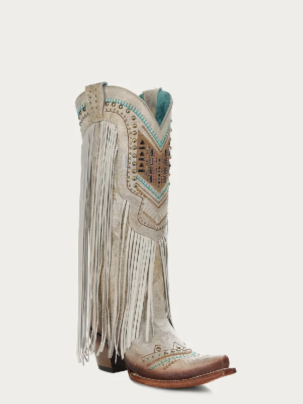 Women's Embroidery & Fringe Snip Toe Bone Cowgirl Boots by Corral